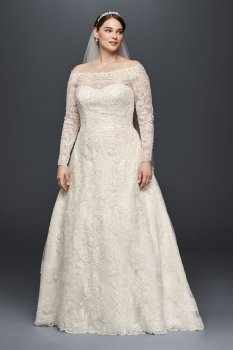 Extra Length 4XL8CWG765 Style Long Sleeve Off the Shoulder Plus Size All Over Lace Wedding Dresses