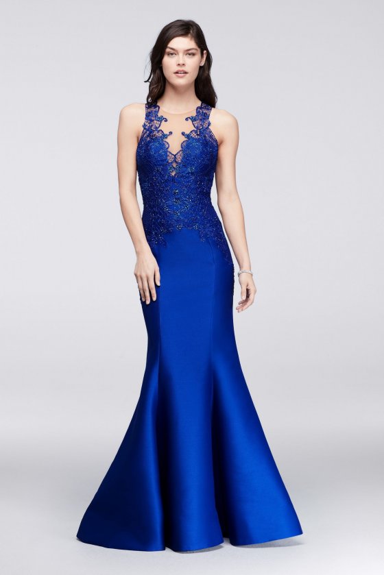1712P2471 Style Modern Long Lace Embroidered Mikado Mermaid Prom Gown with Illusion Neckline