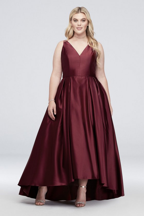 V-Neck Satin Plus-Size Tank Ball Gown with Pleats A19763DW