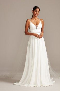 Spaghetti Straps Long A-line WG3985 Deep V Neck Crepe Wedding Dress