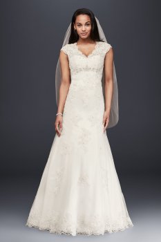 Cap Sleeve Lace Over Satin Gown with Illusion Back Style T3299