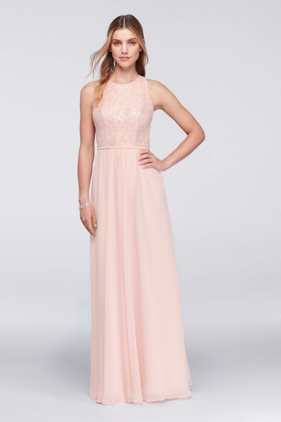 New Style F19452 Sleeveless High Neck Long A-line Sequined Lace and Chiffon Bridesmaid Dress