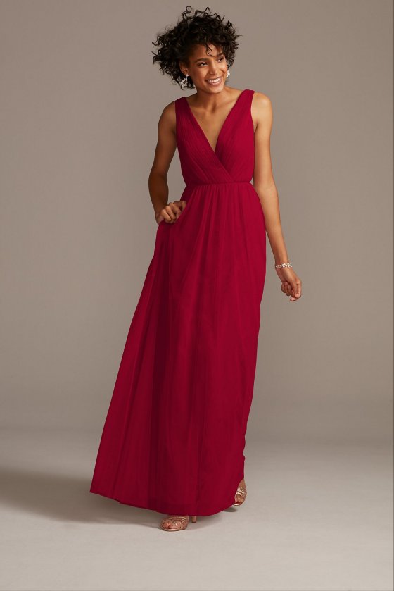 Long Tank V Neck A-line Net Bridesmaid Dress Style F20110