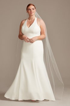 Plus Size Long Fit and Flare V neck Sheer Back Wedding Dress 9WG3989