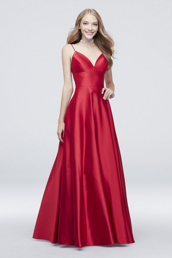 V-Neck Satin Ball Gown with Spaghetti Straps A21829