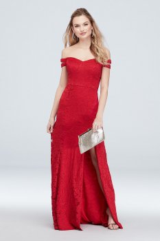 Lace Stretch Knit Off the Shoulder Dress with Slit Choon 3860454