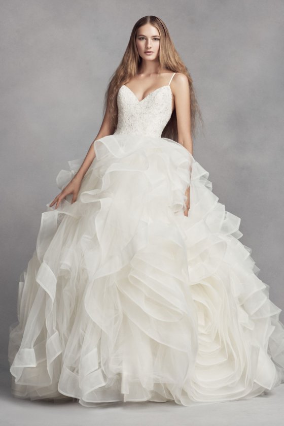 White by Vera Wan Spaghetti Straps Floor Length Organza Rosette Skirt Wedding Dress VW351371