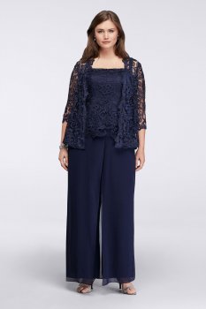 Elegatn Three Pieces Lace and Chiffon Plus Size ES995003DB Style Pantsuit