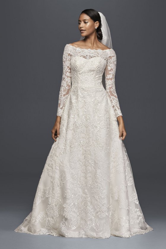 Long Sleeve Off the Shoulder All Over Lace A-line CWG765 Bridal Gown