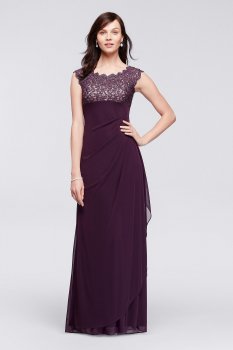 Long Mesh Dress with Cap Sleeves and Lace Bodice XS8201