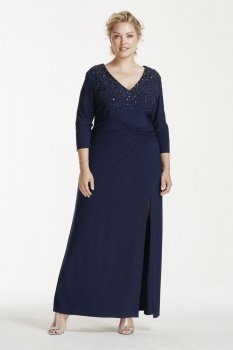 3/4 Sleeve Long Jersey Dress with Beaded Bodice Style 292330I