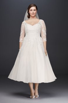 Plus Size 3/4 Sleeves 9WG3857 Style Tea-Length Lace Appliqued Tulle Wedding Dress