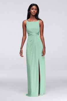 Extra Length Sleeveless Long Front Slit 4XLF19418 Style Bridesmaid Dress with Double Straps