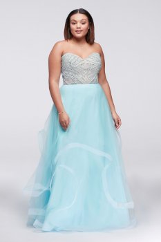 Plus Size Strapless Beaded Bodice Prom Dress with Tiered Tulle Skirt Style 1711P2838W