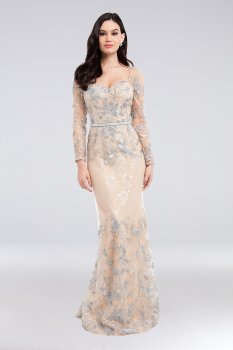 Metallic Lace Sweetheart Gown with Leather Belt 1823M7706