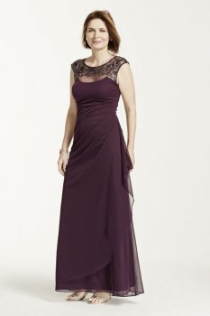 Cap Sleeve Long Jersey Dress with Beaded Neckline Style XS5531