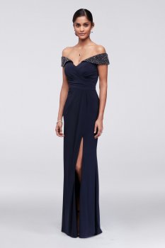 New Elegant Off the Shoulder Long XS9853 Style Ruched Jersey Gown