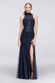 Shiny Beaded High Neck Long Sheath Side Slit Dress with Open Back Sean Collection 229D
