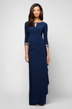 Long A-Line Cascade Dress with Embellished Sleeves 1351416