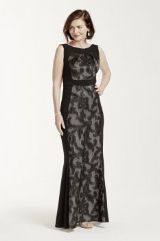Sleeveless Long Jersey Dress with Bonded Lace Style AWHGC93