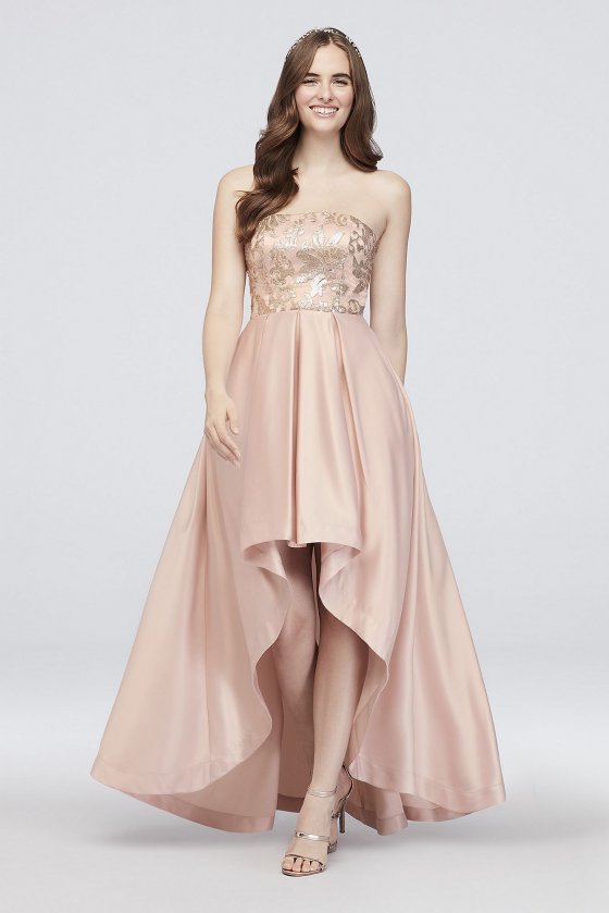 High-Low Satin Strapless Dress with Sequin Lace X39991TGL