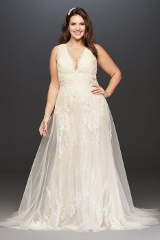 Tank Lace Embroidered Full Length 9SWG722 Wedding Dress with V-neck