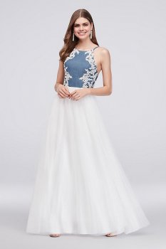 High-Neck Embroidered Denim and Mesh Ball Gown 213BN