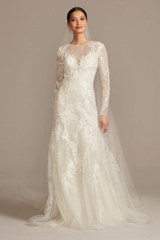 Long Fit and Flare Full Sleeves Illusion Beaded Floral CWG844 Wedding Dress