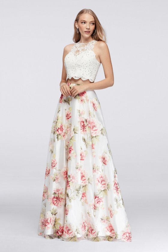 Two Pices DB41771 Style Lace Top and Floral Skirt Party Gown