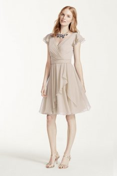 Short Flutter Sleeve Crinkle Chiffon Dress Style W10304