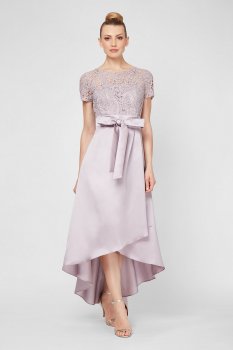 Short Sleeve Lace and Mikado High-Low Gown 7149120