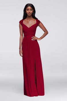 F19505 Long Mesh Dress with Lace Cap Sleeves and Front Slit