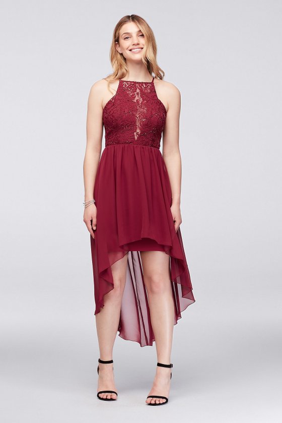 Sleeveless D68541H406 Style High Low Halter Neck Lace and Chiffon Cocktail Dress