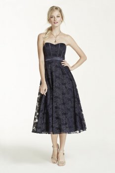 Strapless Tea Length Glitter Lace Dress Style 231M51790