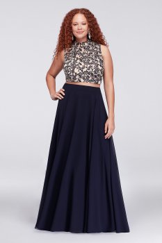 Embroidered Crop Top and Chiffon Skirt Plus Size 9560AM7W