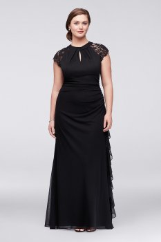 A19437W Style Plus Size Floor Lenth Cap Sleeve Lace-Back Mother of the Bride Dress with Ruffle