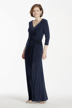 3/4 Sleeve Long Jersey Dress with Beaded Bodice Style 262330I