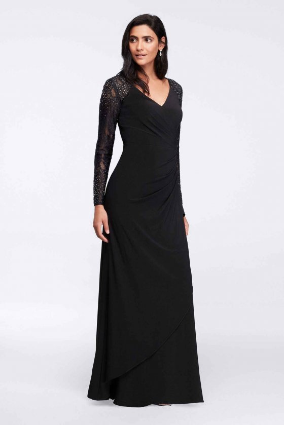Newest Long Lace-Sleeve Surplice Floor Length 1351341 Style Crystal Beaded Dress