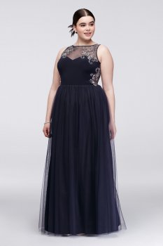 Plus Size Long A-line 57165W Beaded Illusion Neckline Dress