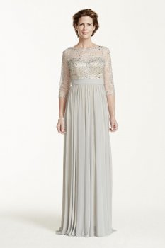 3/4 Sleeve Beaded Bodice with Long Mesh Skirt Style M2210