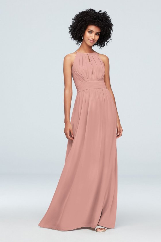 High-Neck Chiffon Bridesmaid Dress with Keyhole F19953