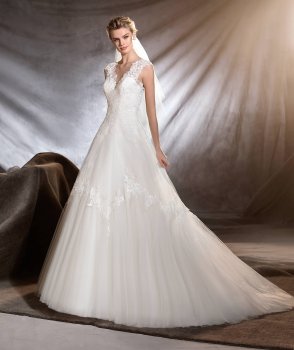 Elegant V-neck Sleeveless A-line Tulle Lace Appliqued Pronovias OLAM Bridal Dress