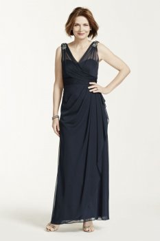 Long V Neck Sheer Jersey Dress with Brooch Detail Style XS3980