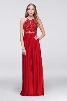New Style Shinning Beaded Bodice Long A-line 57120 Prom Dress with Halter Neck and Illusion Waist