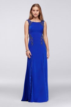 Graceful New Coming VCYETS4659 Style Long Column Jersey Prom Gown with Lace Godets