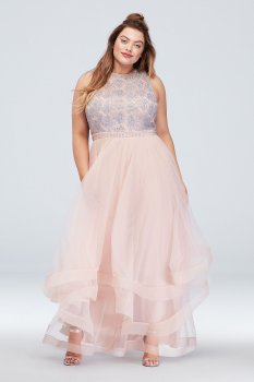 Plus Size Lace Bodice Ball Gown with Crystal Belt 8085YB4W