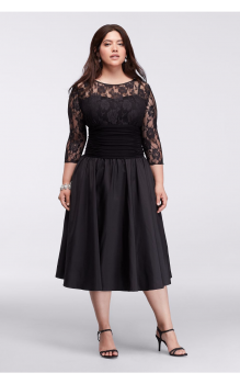 Illusion Lace Bodice Taffeta Plus Size Dress with 3/4 Sleeves 110126DW