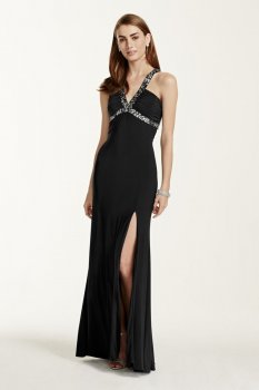Long Y Neck Jersey Dress with Sequin Detailing Style 211S60950
