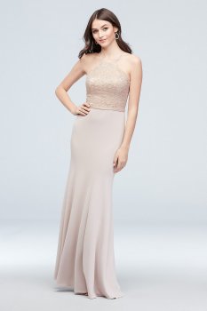 Metallic Lace and Crepe High-Neck Bridesmaid Dress F19976M