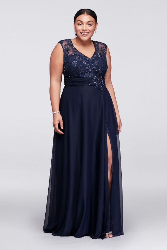 Plus Size Long Cap Sleeve Crystal Lace Appliqued Gown Style 758257D